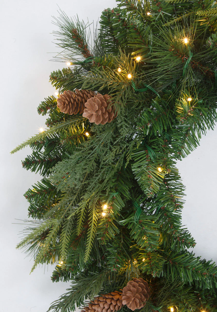 36" PE Artificial Marquett Pine & Pinecone Wreath, Micro LED Pre-Lit -Green - Image 2