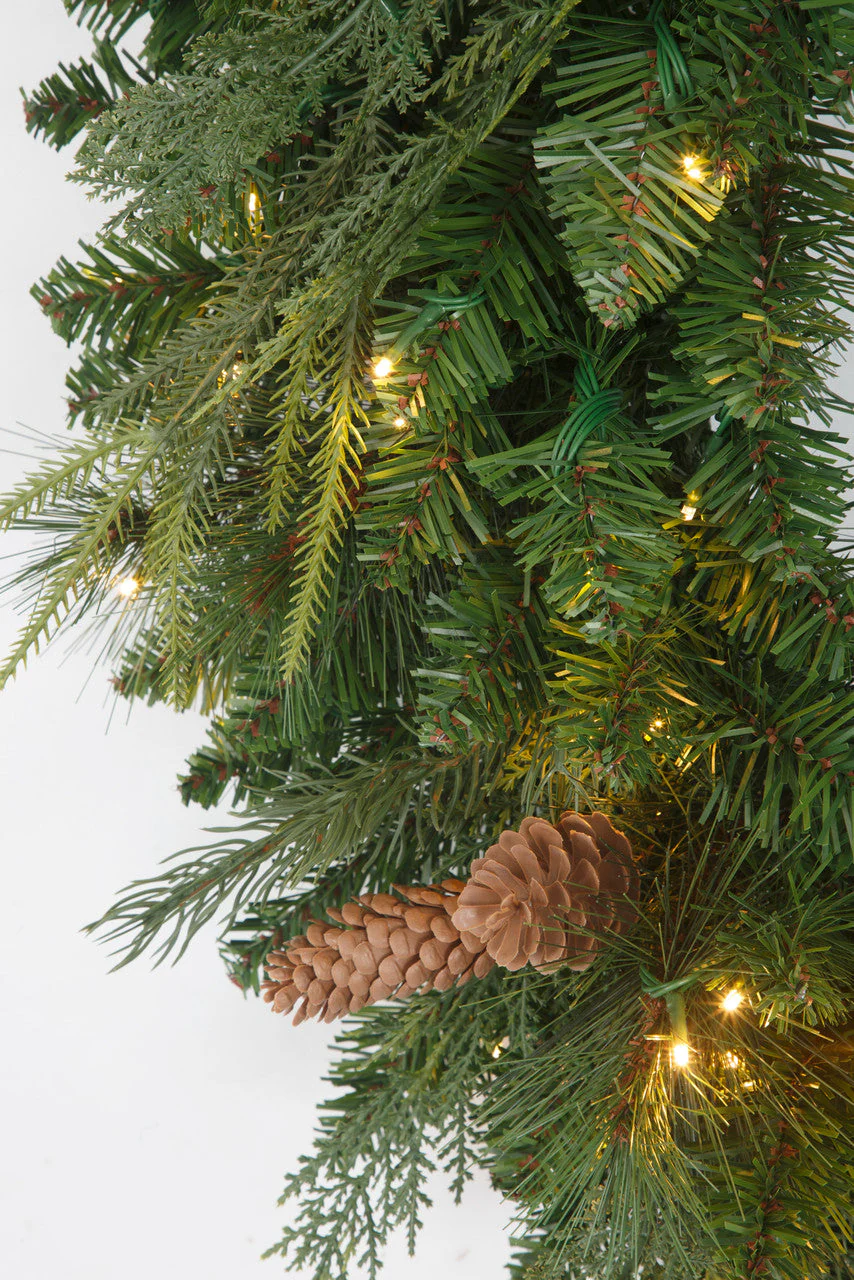 36" PE Artificial Marquett Pine & Pinecone Wreath, Micro LED Pre-Lit -Green - Image 3