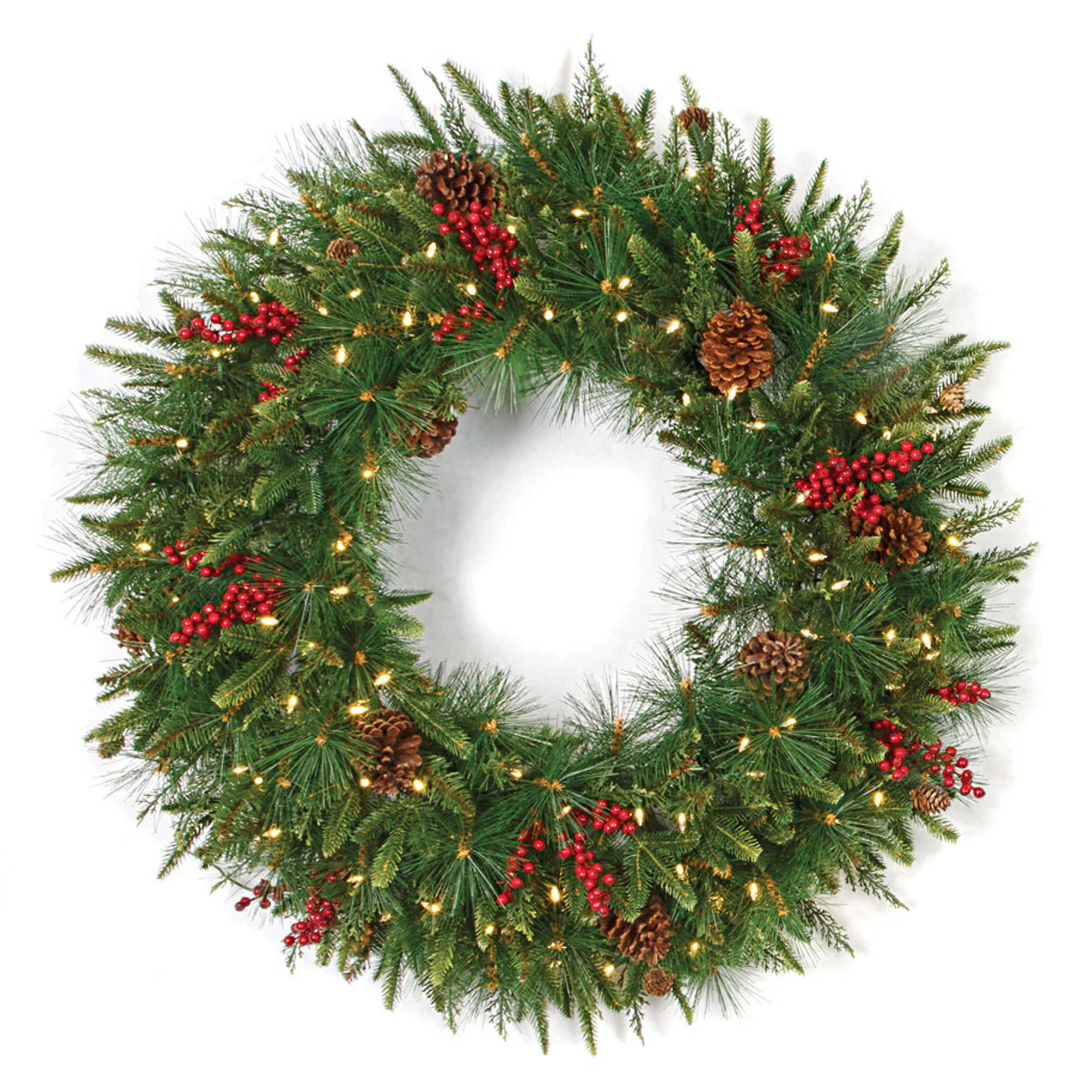 36" PE Artificial Mixed Oakhaven Wreath, Battery LED Pre-Lit -Green/Red