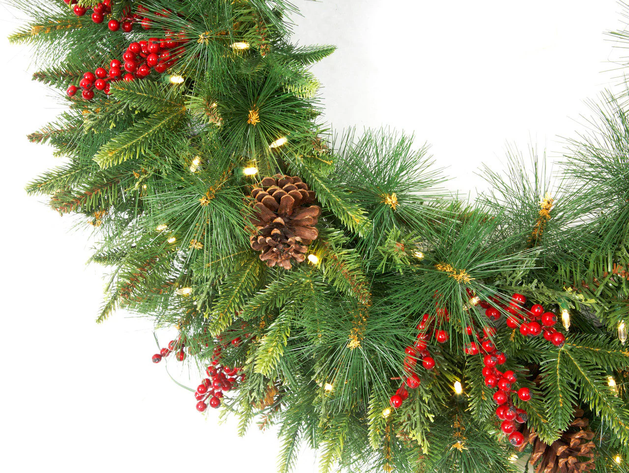 36" PE Artificial Mixed Oakhaven Wreath, Battery LED Pre-Lit -Green/Red - Image 2