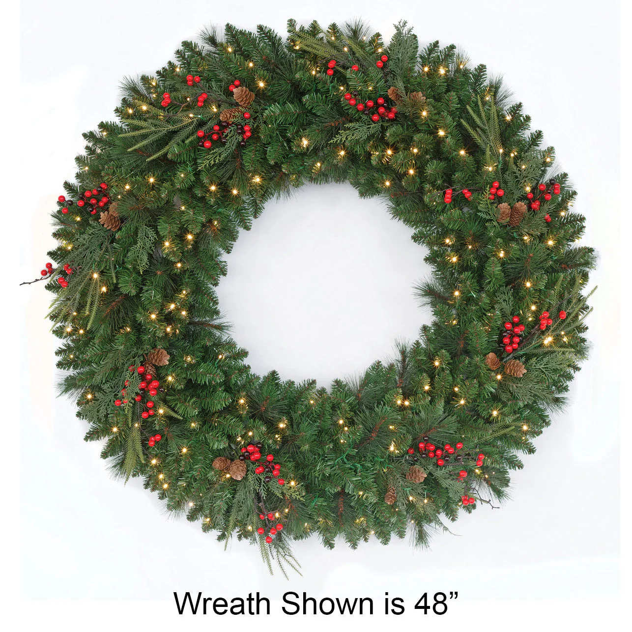 36" PE Artificial Red Lodge Mixed Pine Wreath, Micro LED Pre-Lit -Green/Red