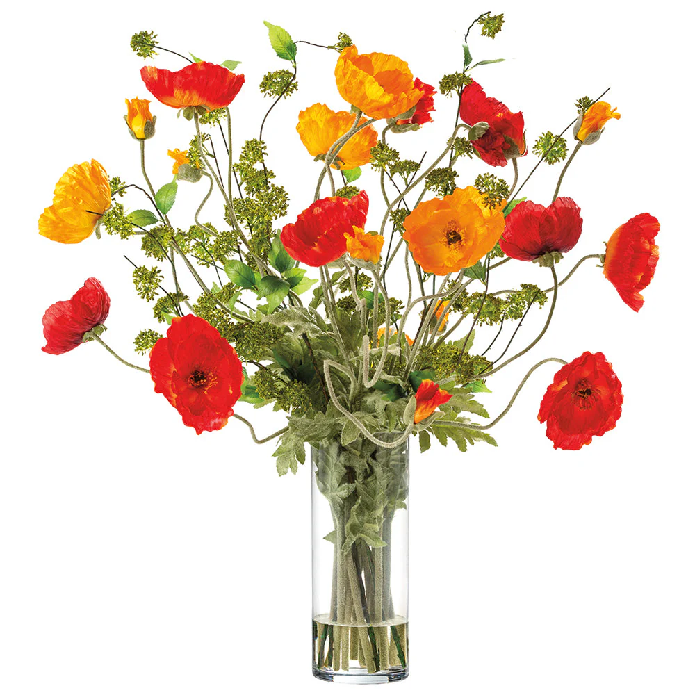 36"Hx38"W Large Mixed Poppy Silk Flower Arrangement w/Tall Glass Vase -Orange/Red