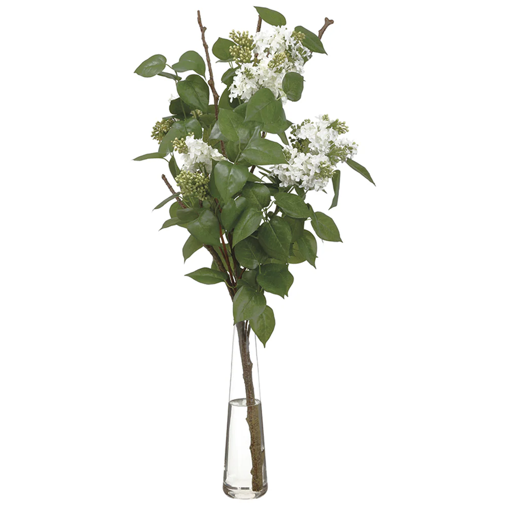 37.5" Silk Lilac Flower & Twig Arrangement w/Glass Vase -Cream/Green