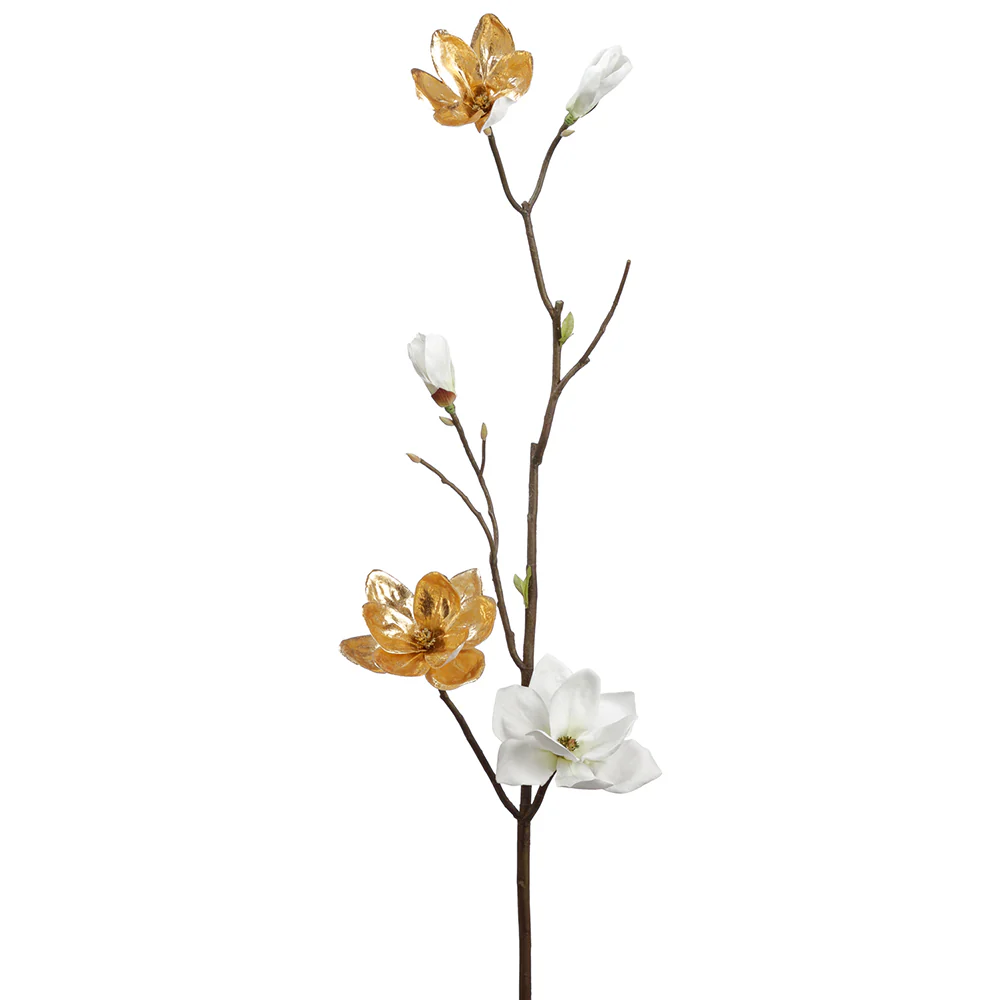 37" Silk Magnolia Flower Stem -White/Gold (Pack of 2)