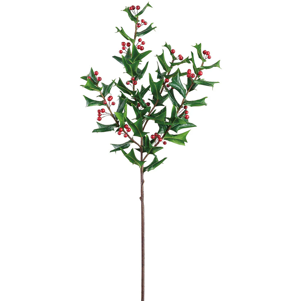 38" Artificial Holly Leaf & Berry Stem -Green/Red (Pack of 12)