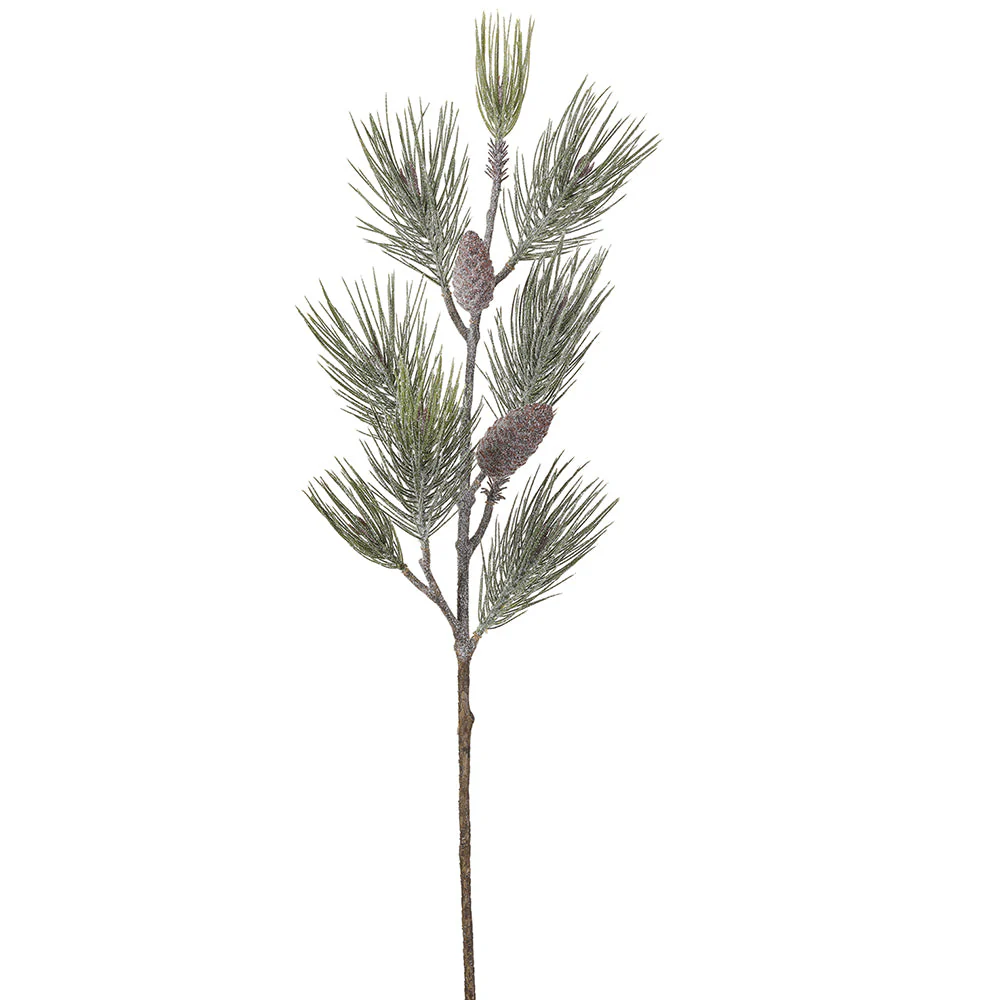38" Frosted Artificial Needle Pine & Pinecone Stem -Green (Pack of 6)