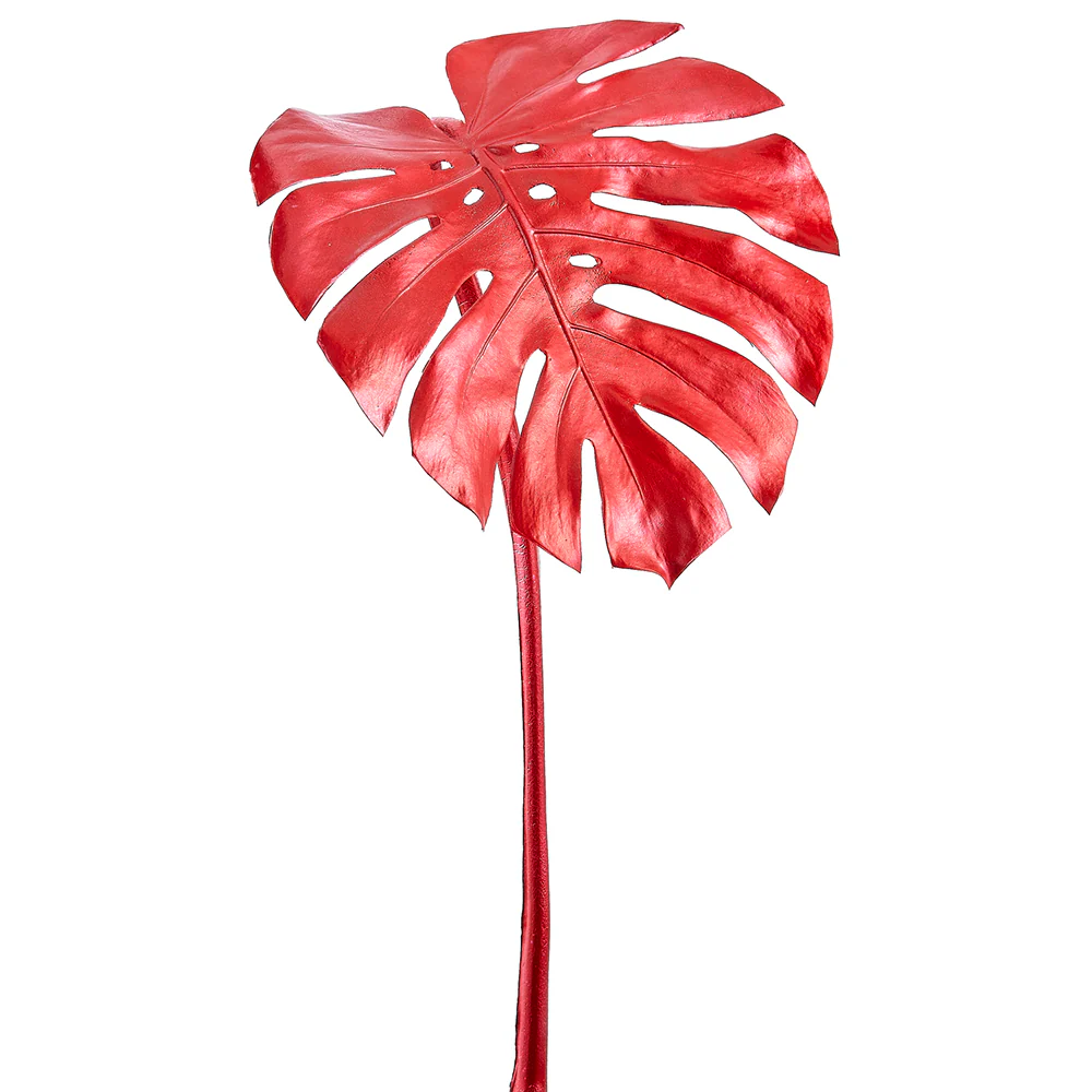38" Metallic Artificial Split Philodendron Monstera Leaf Stem -Red (Pack of 6)