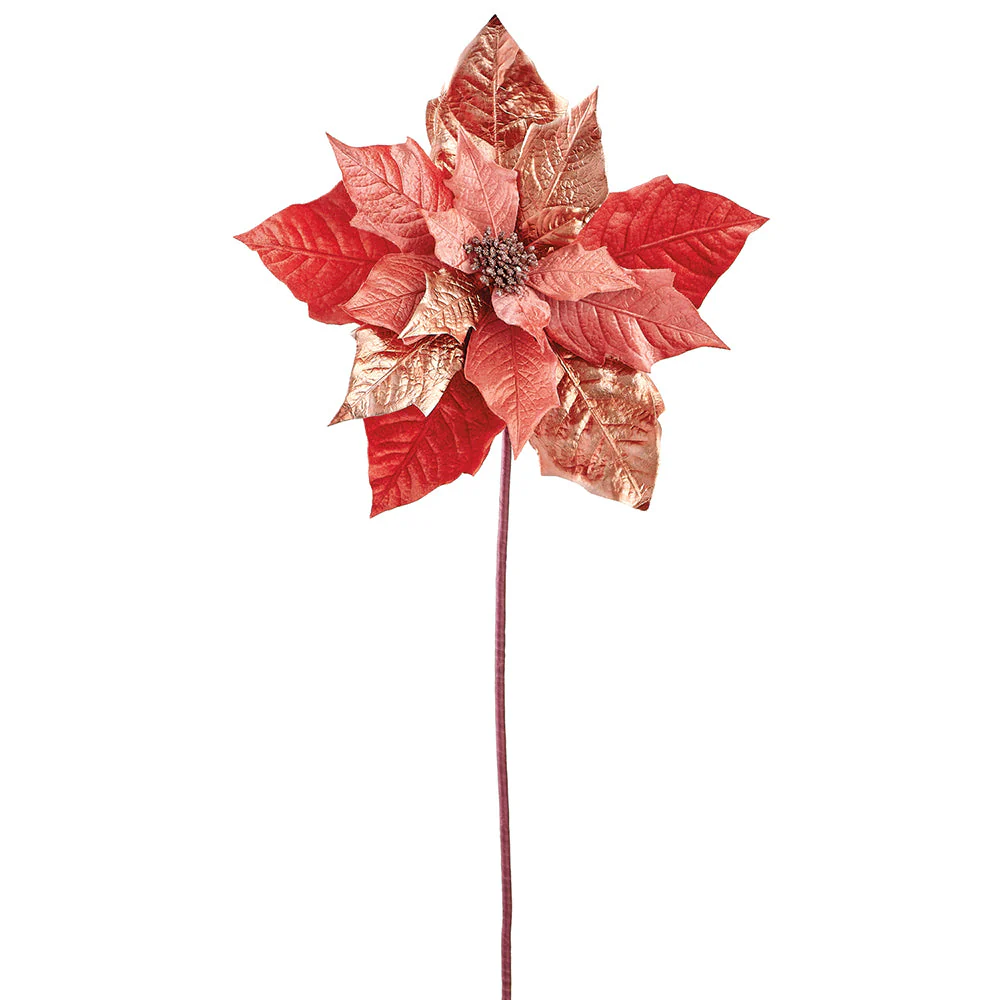 38" Metallic Velvet Artificial Poinsettia Flower Stem -Coral (Pack of 12)