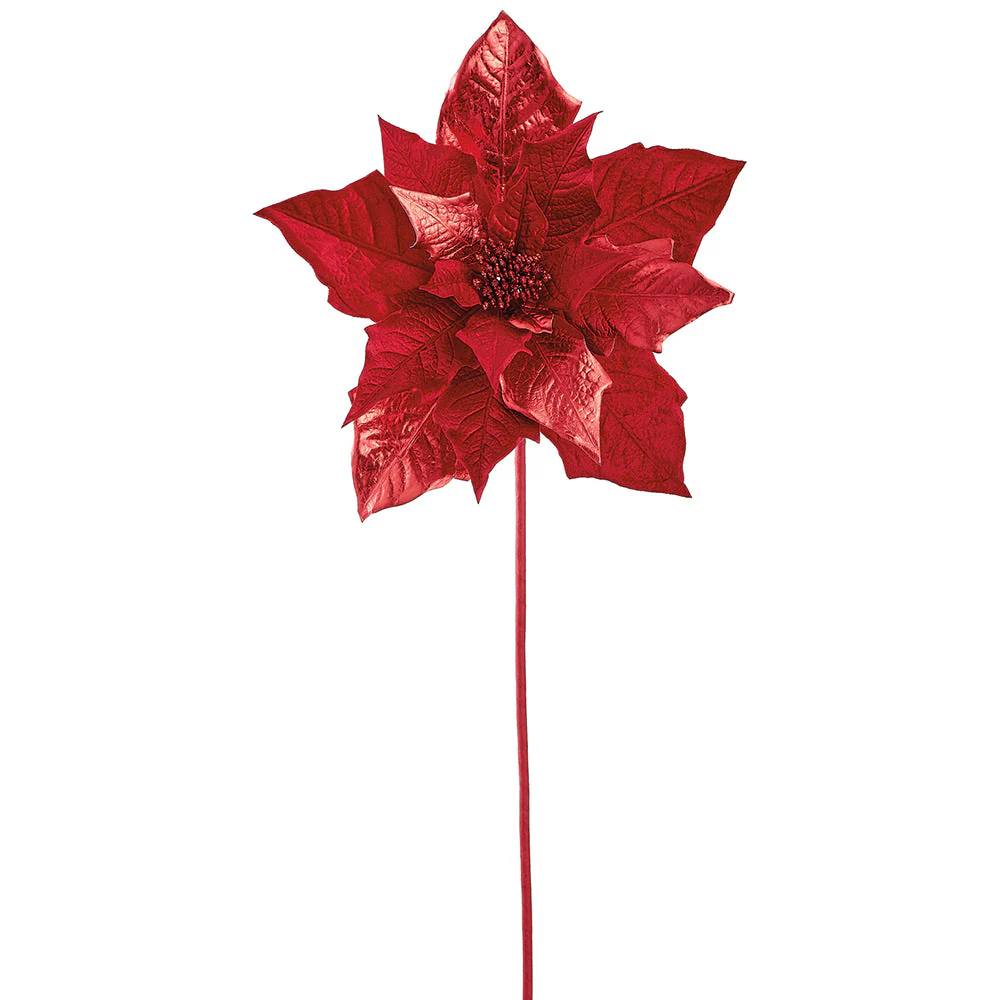 38" Metallic Velvet Artificial Poinsettia Flower Stem -Red (Pack of 12)