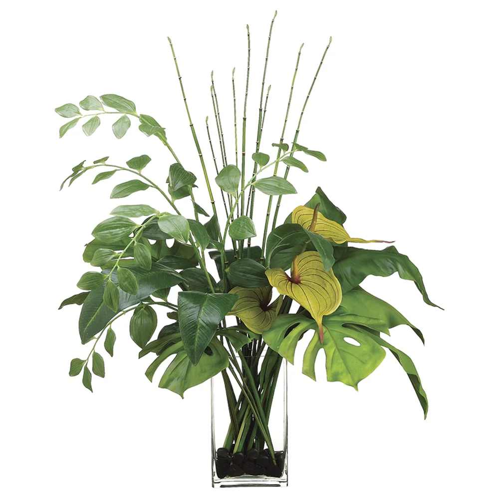38"Hx33"W Anthurium, Bird of Paradise Leaf & Solomon's Seal Silk Plant w/Glass Vase -Green