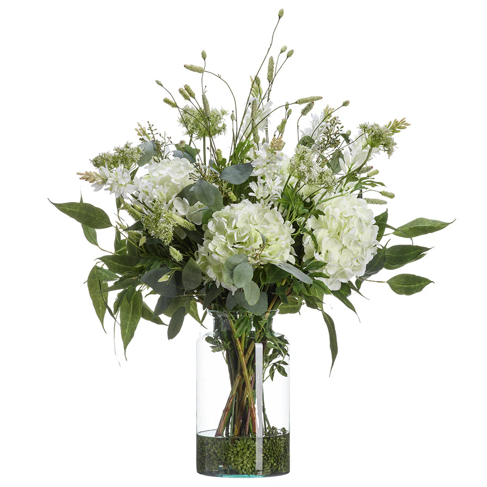38"Hx36"W Hydrangea, Tuberose & Queen Anne's Lace Silk Flower Arrangement w/Glass Vase -Cream/Green