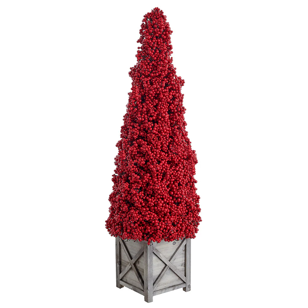 39" Berry Cone-Shaped Artificial Topiary w/Wood Planter -Red
