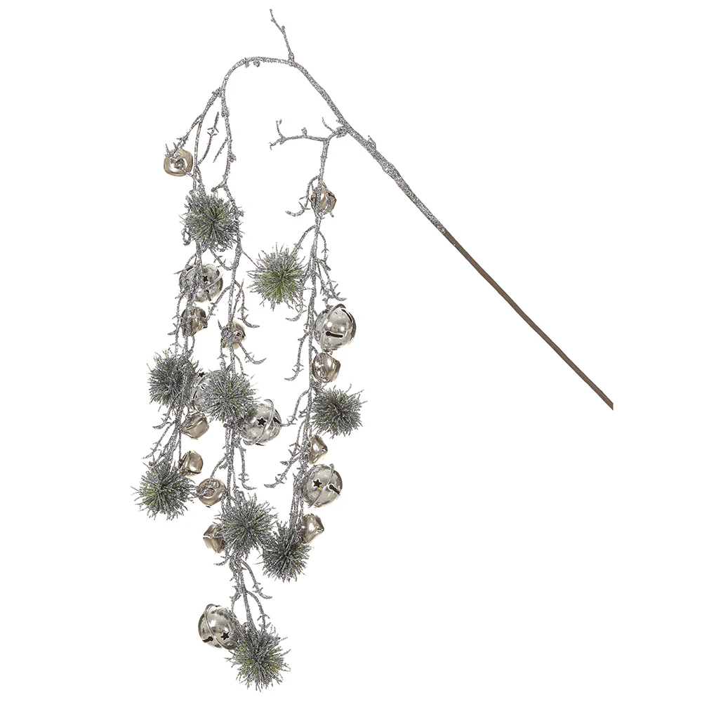 39" Glittered Artificial Globe Thistle & Jingle Bells Stem -Silver (Pack of 12)
