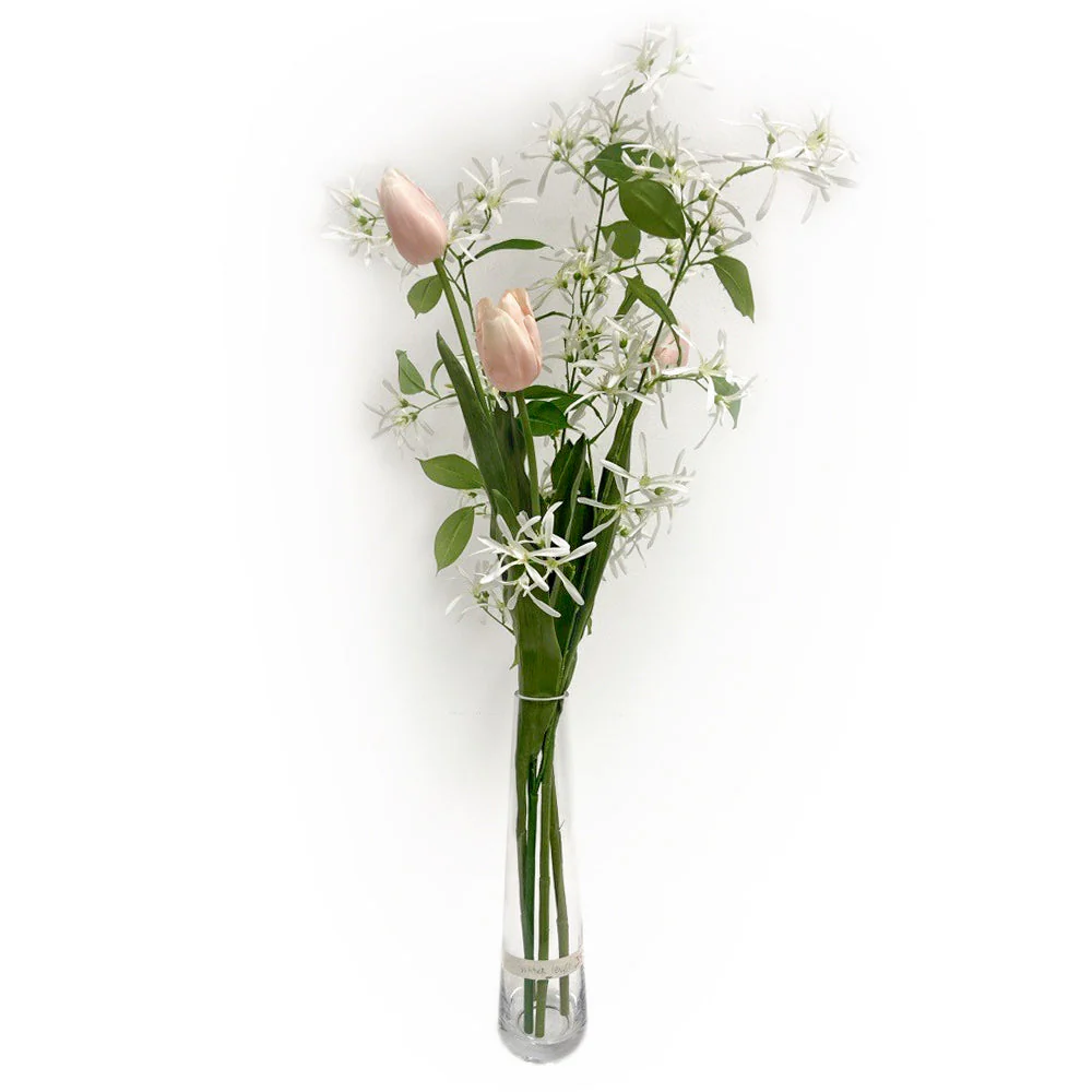 39"Hx19"W Tulip & Fringetree Blossom Silk Flower Arrangement w/Glass Vase -Pink/White