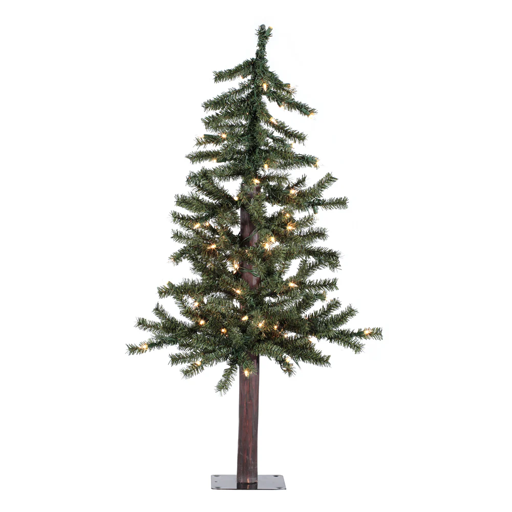 3'Hx21"W Natural Trunk Alpine Artificial Christmas Tree, LED Pre-Lit -Green