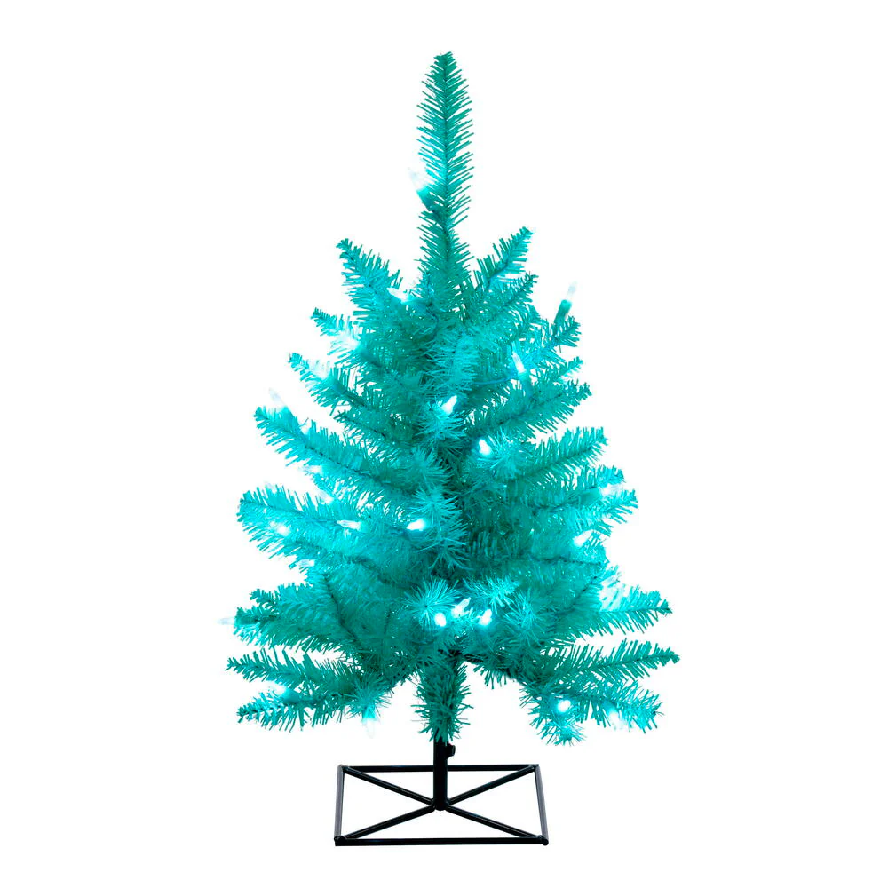 3'Hx25"W Fir Artificial Christmas Tree, LED Pre-Lit (Aqua) -Aqua