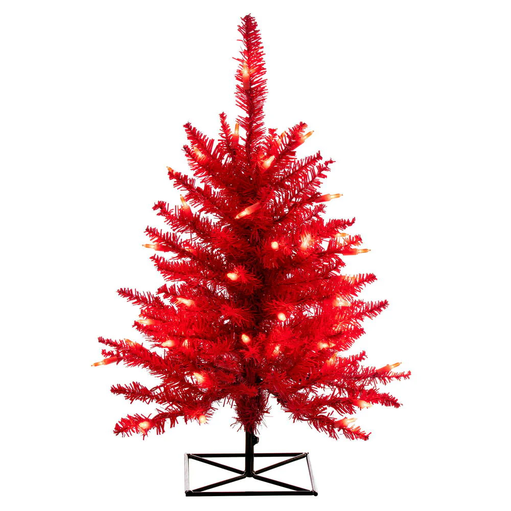 3'Hx25"W Fir Artificial Christmas Tree, LED Pre-Lit (Red) -Red