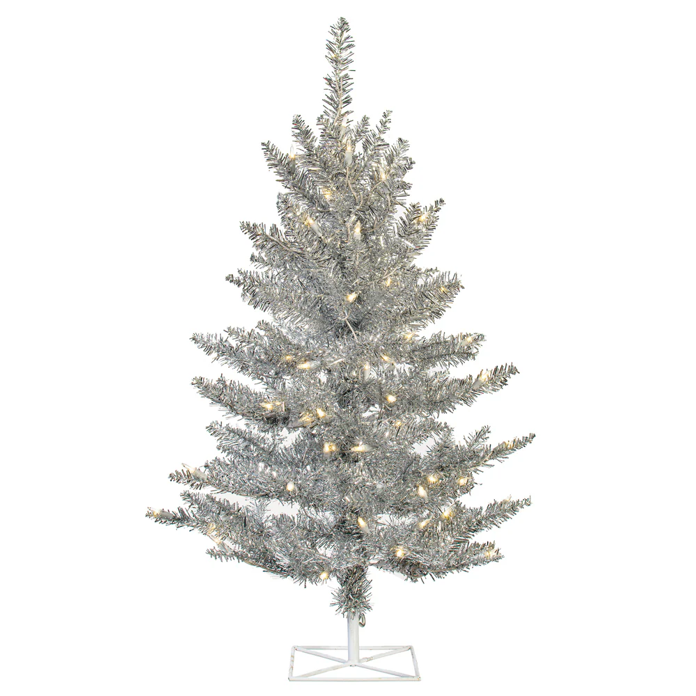 3'Hx25"W Tinsel Fir Artificial Christmas Tree, LED Pre-Lit -Silver