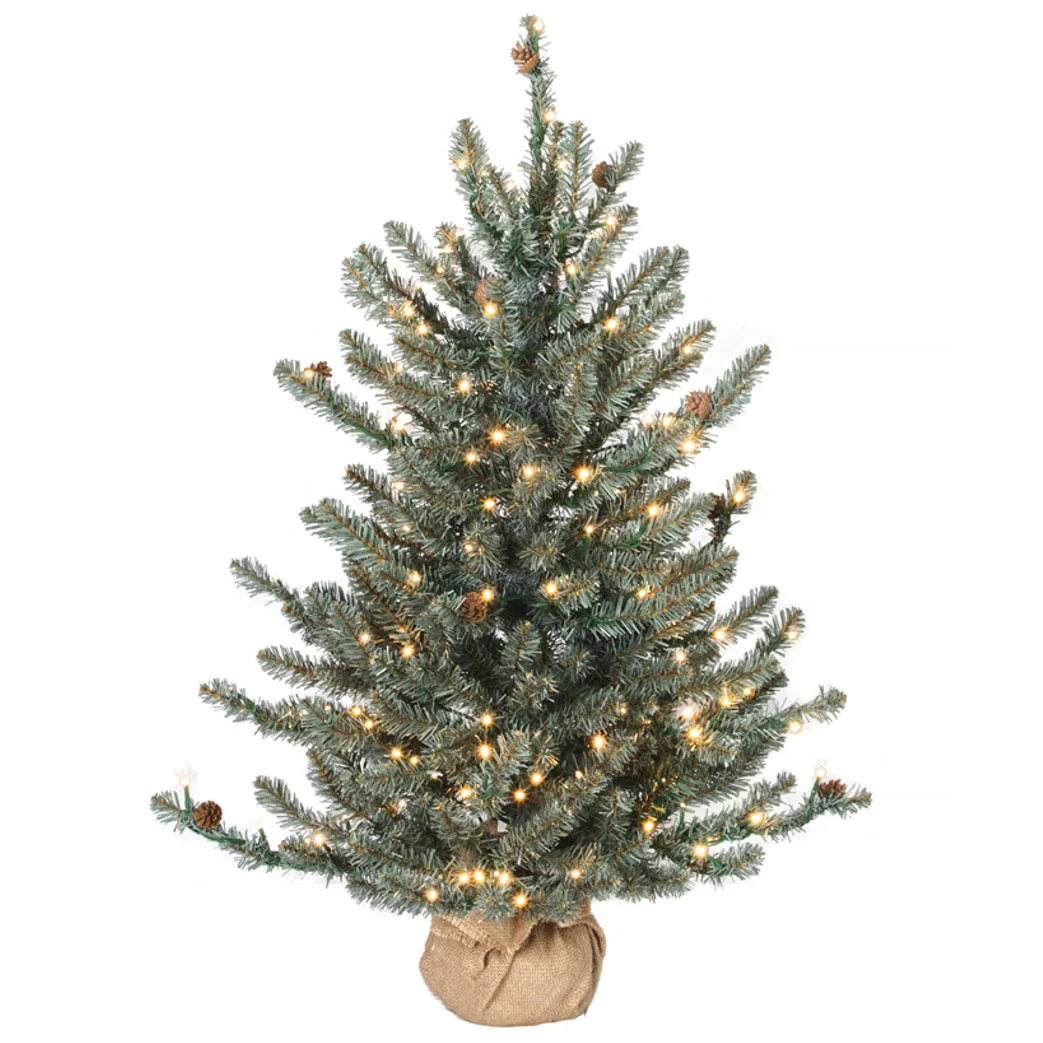 3'Hx26"W PE Blue Fir & Pinecone Artificial Christmas Tree w/Burlap Base, Micro LED Pre-Lit -Green/Blue