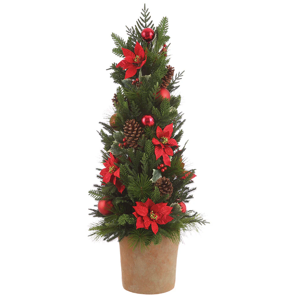 40" Artificial Poinsettia Flower, Holly & Pine Cone-Shaped Topiary w/Mgo Pot -Red/Green (Pack of 2)