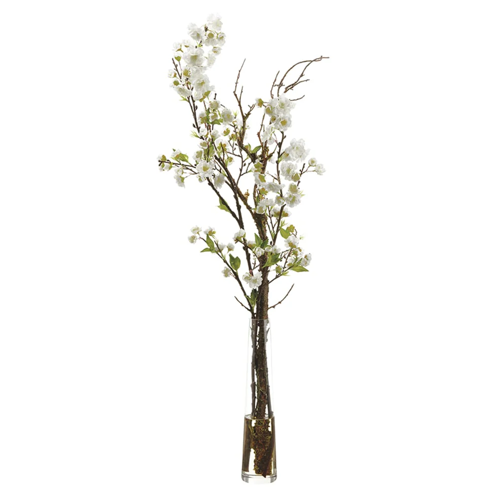 40"Hx19"W Silk Cherry Blossom Flower Arrangement w/Glass Vase -White