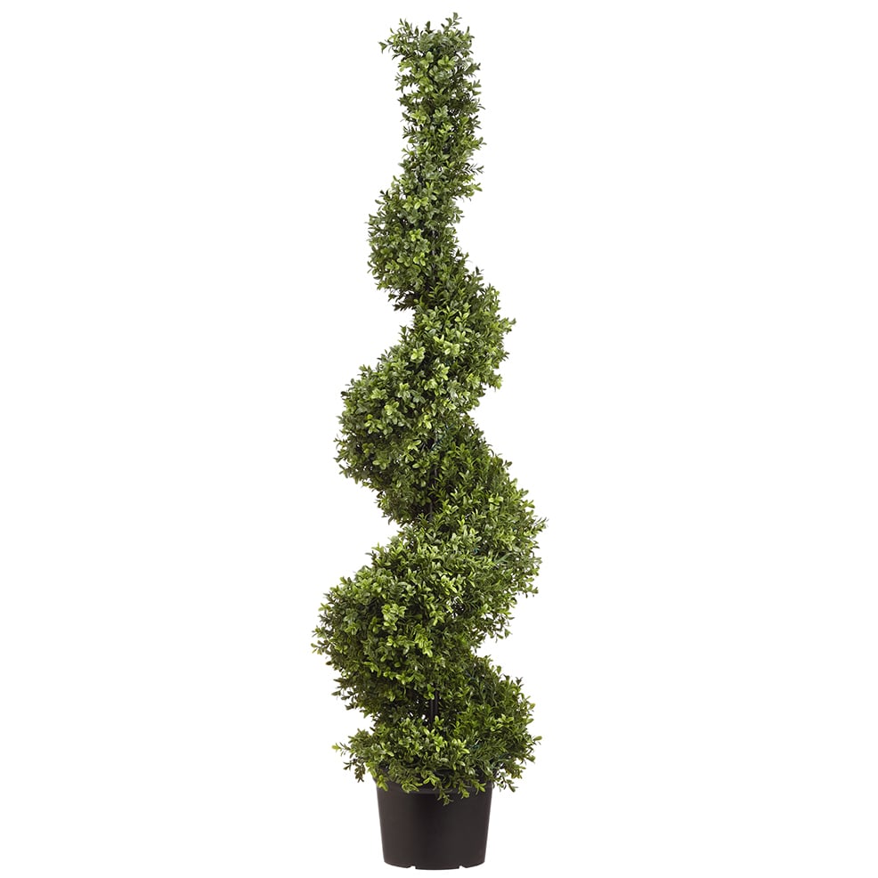 4'10" Outdoor UV-Resistant Artificial Boxwood Spiral Topiary w/Pot, Battery LED Pre-Lit -Green
