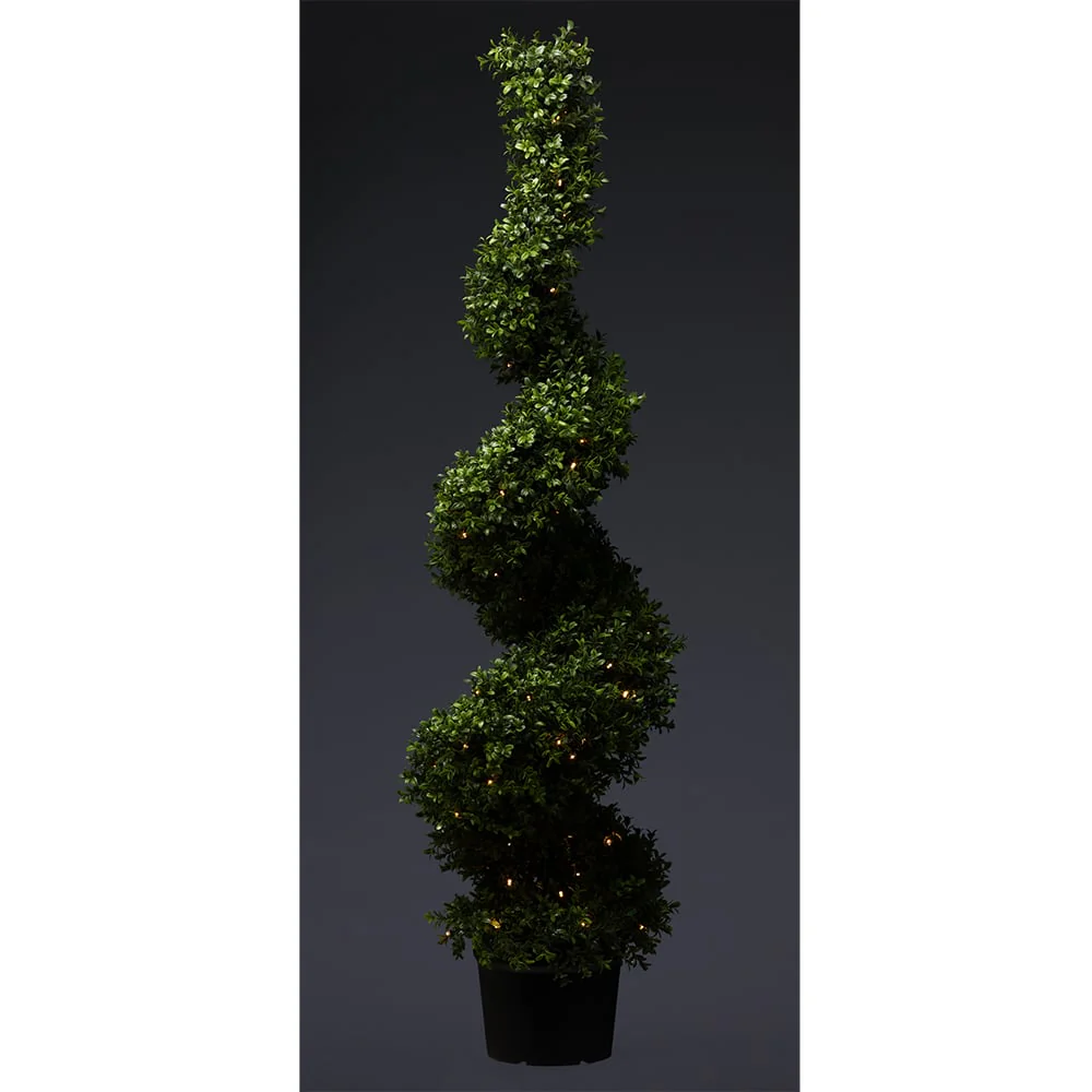 4'10" Outdoor UV-Resistant Artificial Boxwood Spiral Topiary w/Pot, Battery LED Pre-Lit -Green - Image 2
