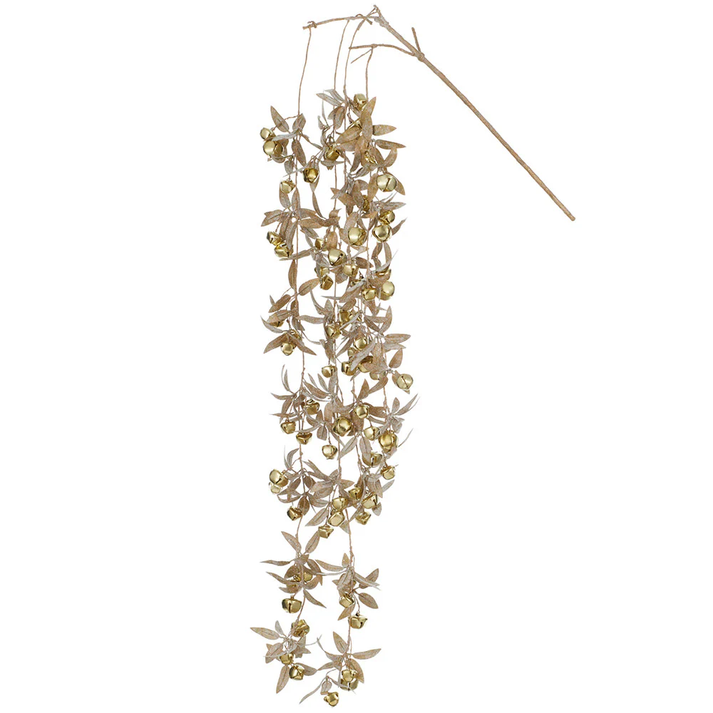 42" Hanging Glittered Artificial Leaf Stem With Bells -Gold (Pack of 12)