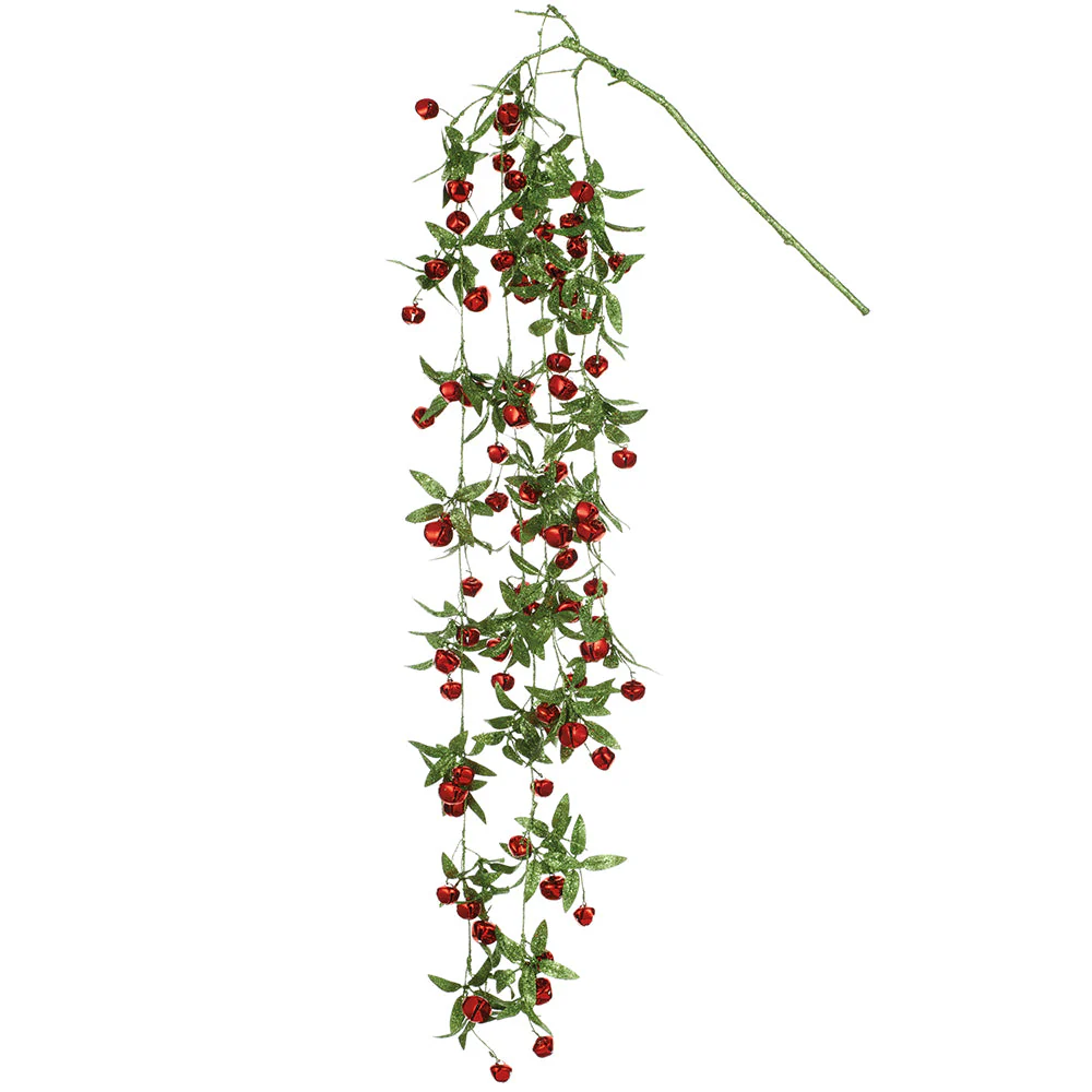 42" Hanging Glittered Artificial Leaf Stem With Bells -Red/Green (Pack of 12)