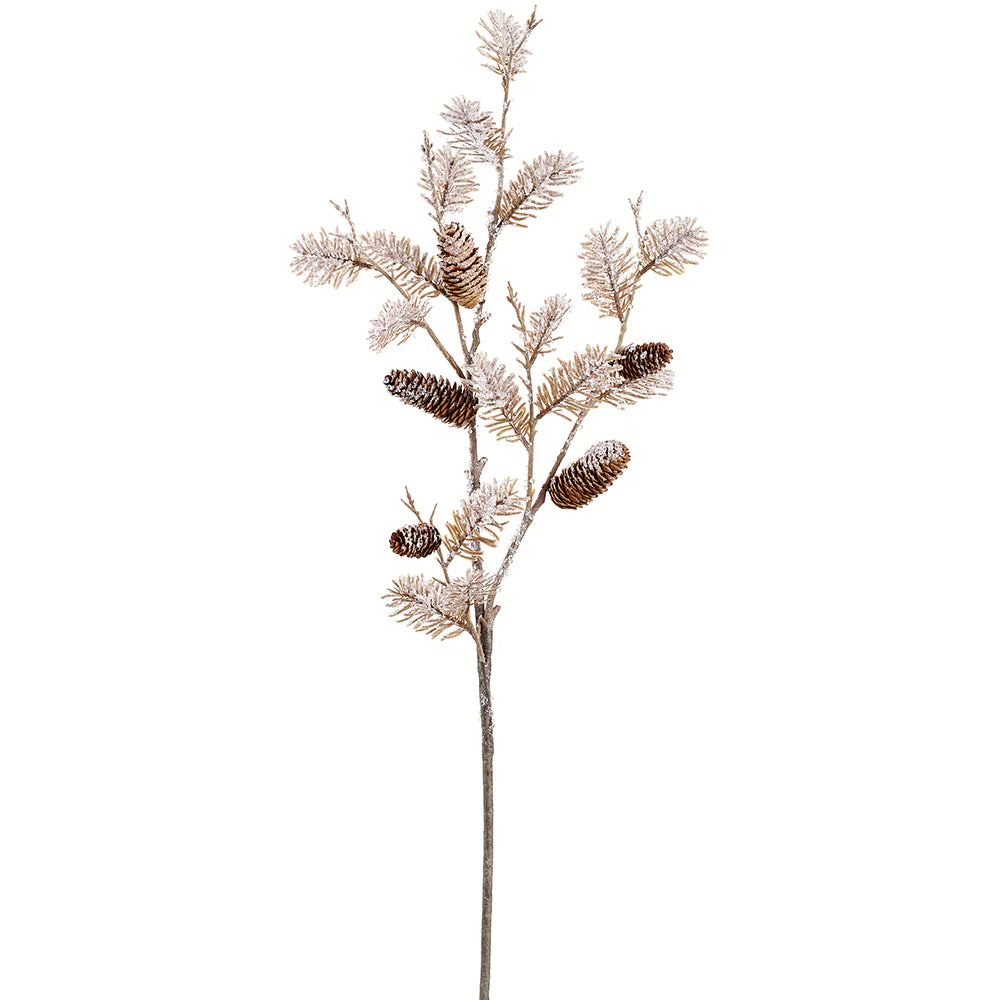 44" Beaded & Flocked Artificial Pine & Pinecone Stem -Brown/White (Pack of 8)