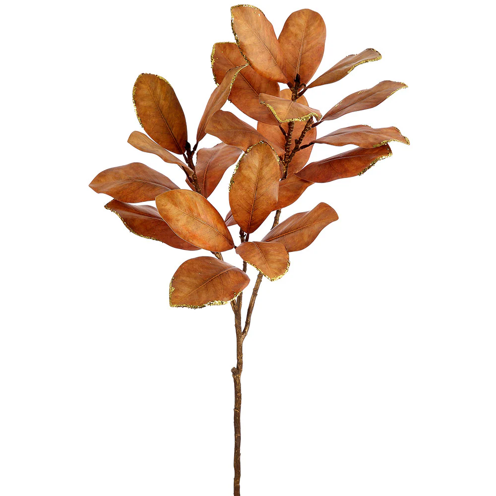 44" Glittered Artificial Magnolia Leaf Stem -Brown/Gold (Pack of 12)