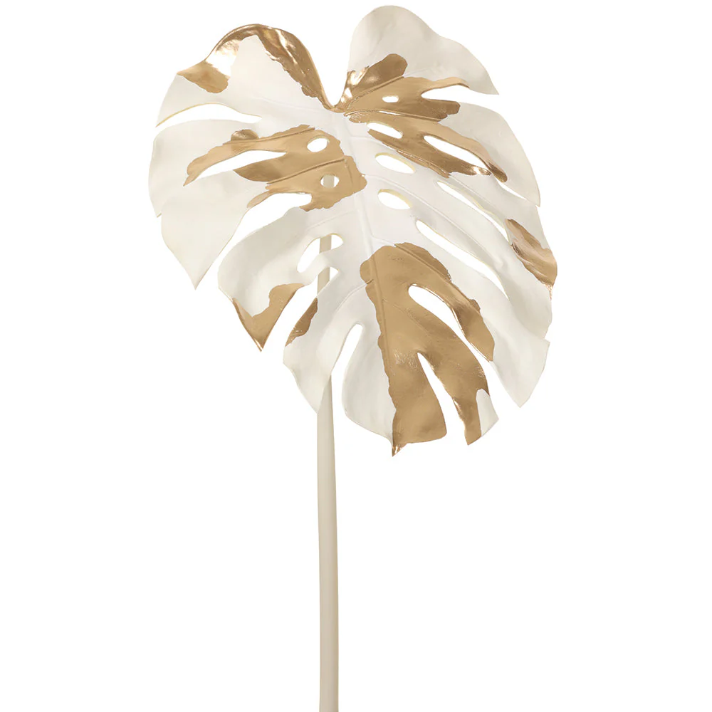 44" Split Leaf Philodendron Monstera Silk Leaf Stem -White/Gold (Pack of 12)