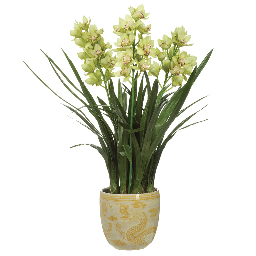 46" Hand-Wrapped Cymbidium Orchid Artificial Flower Arrangement w/Ceramic Planter -Green