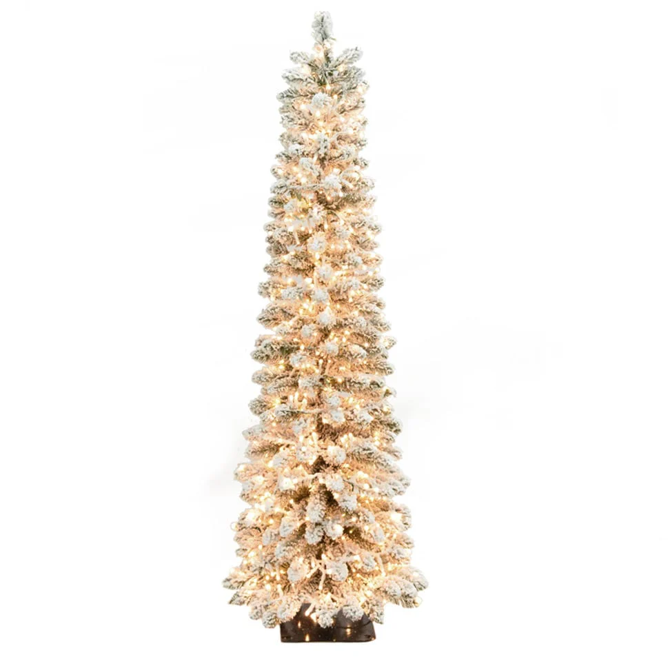 4'6"Hx17"W Flocked Pencil Alpine Artificial Christmas Tree, Micro LED Pre-Lit (Warm White, Multi-Mode) -White/Green