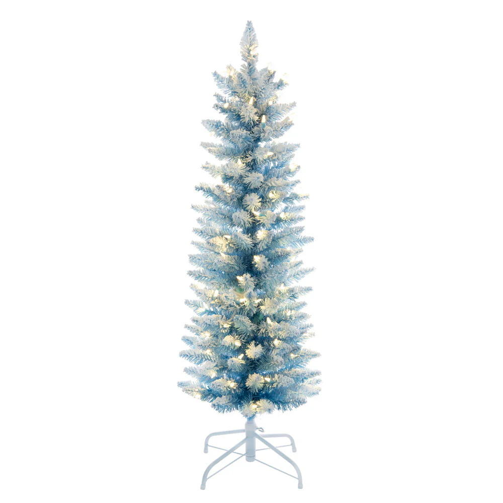 4'6"Hx19"W Flocked Fir Artificial Christmas Tree, LED Pre-Lit -Baby Blue/White