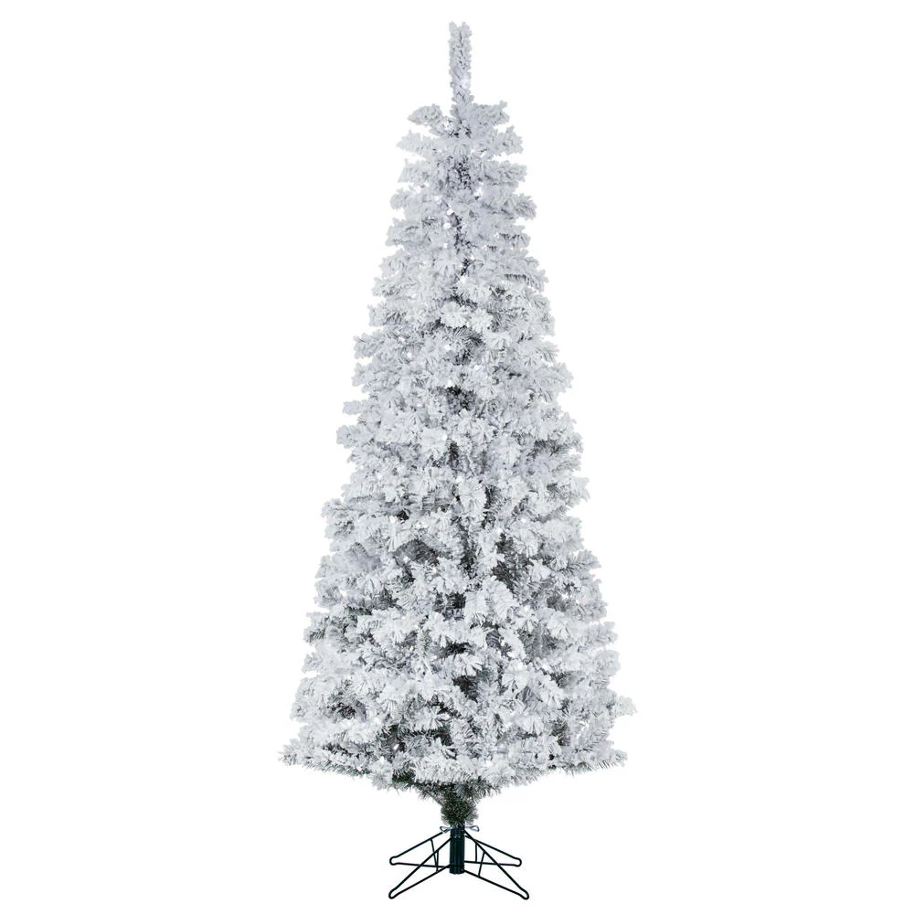 4'6"Hx26"W Flocked Pencil Pacific Pine Artificial Christmas Tree, LED Pre-Lit -White
