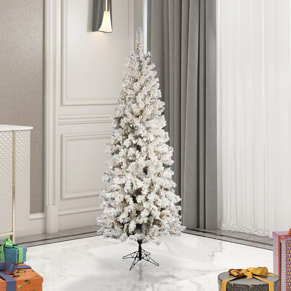 4'6"Hx26"W Flocked Pencil Pacific Pine Artificial Christmas Tree, LED Pre-Lit -White - Image 5