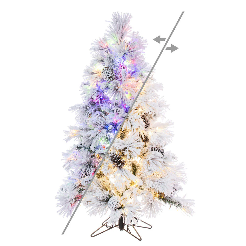 4'6"Hx30"W Flocked Slim Atka Pine Artificial Christmas Tree, Micro LED Pre-Lit (Multi-Mode) -White