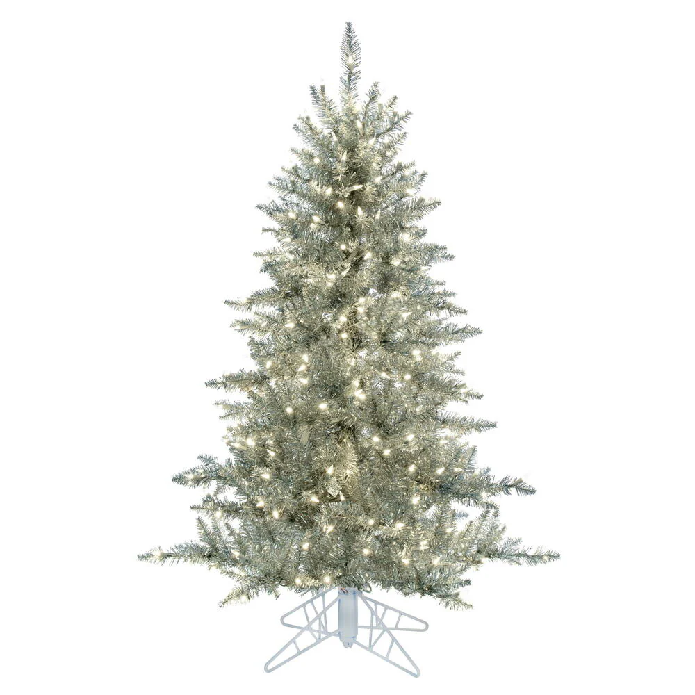 4'6"Hx34"W Tinsel Fir Artificial Christmas Tree, LED Pre-Lit -Silver