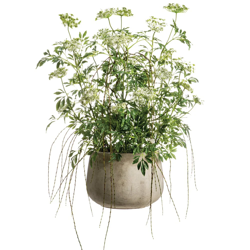 46"Hx40"W Artificial Queen Anne's Lace Flower & Hanging Willow Arrangement w/Cement Pot -Green/White