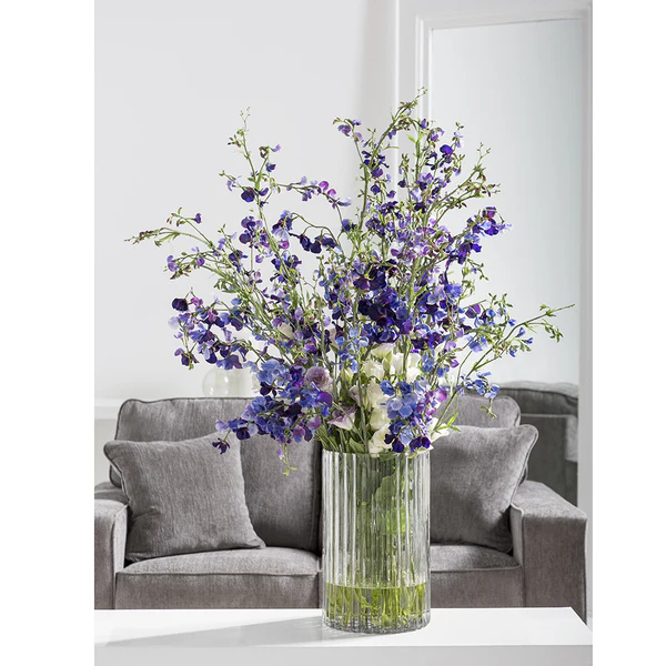 47"Hx39"W Sweet Pea & Ranunculus Silk Flower Arrangement w/Ribbed Glass Vase -Purple/Violet - Image 2