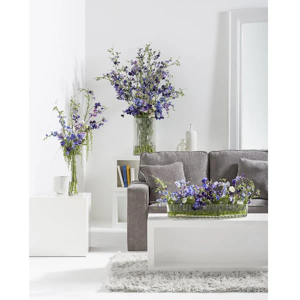 47"Hx39"W Sweet Pea & Ranunculus Silk Flower Arrangement w/Ribbed Glass Vase -Purple/Violet - Image 3
