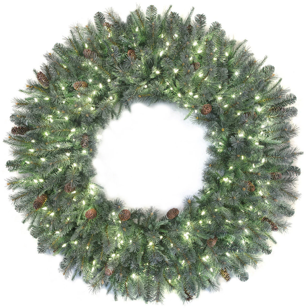 48" PE Artificial Frosted Tip Mixed Pine Wreath, LED Pre-Lit -Green/White