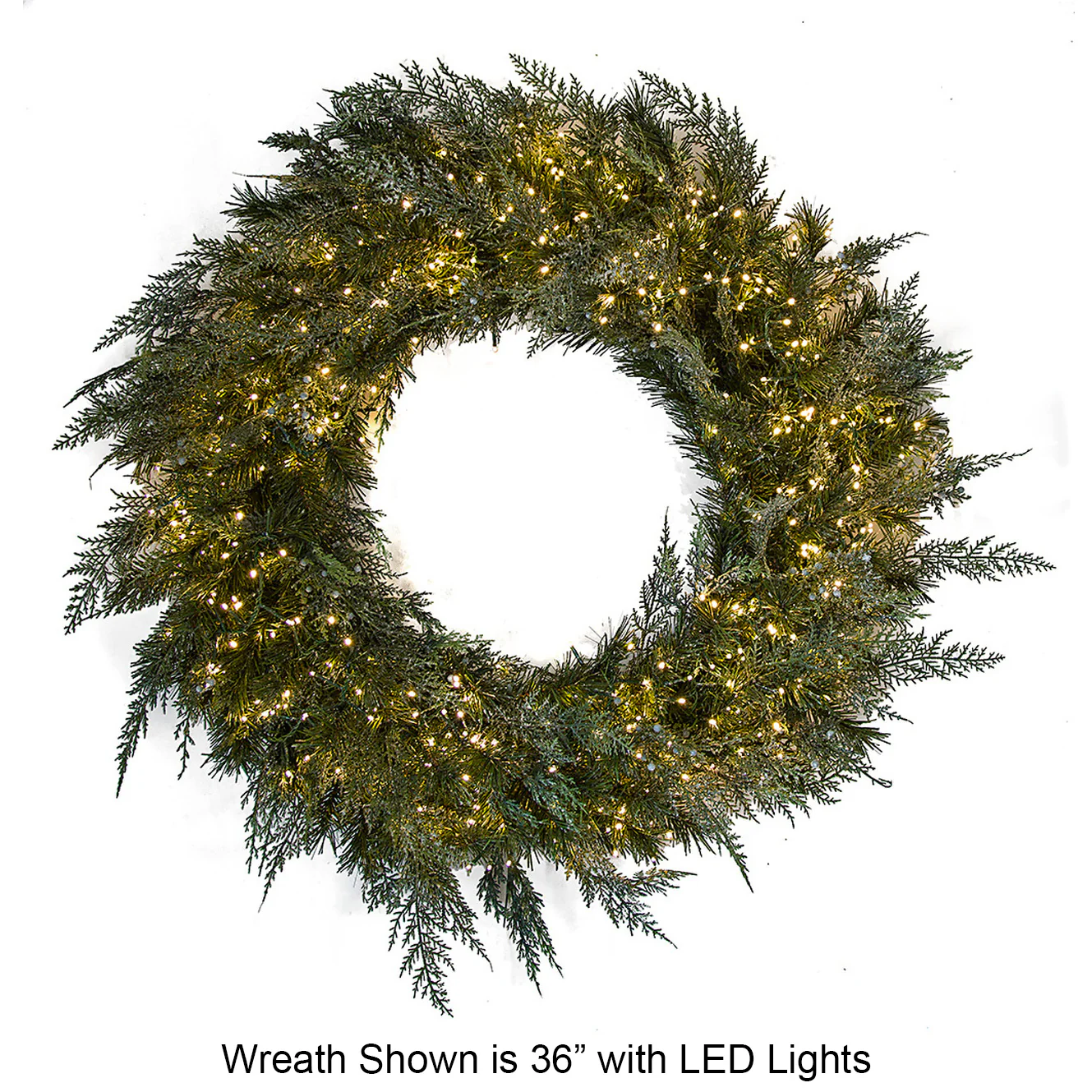 48" PE Frosted Artificial Brighton Pine Wreath, Micro LED Pre-Lit -Green/White