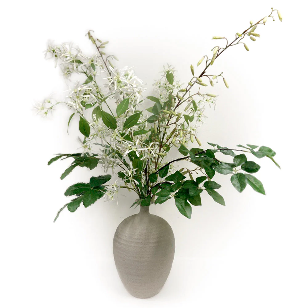 48"Hx36"W Kalanchoe Magic Bells & Fringetree Blossom Silk Flower Arrangement w/Terra Cotta Vase -White/Green