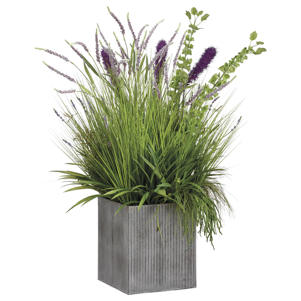 48"Hx39"W Willow Grass, Lavender & Bells Of Ireland Silk Flower Arrangement w/Tin Planter -Green/Purple