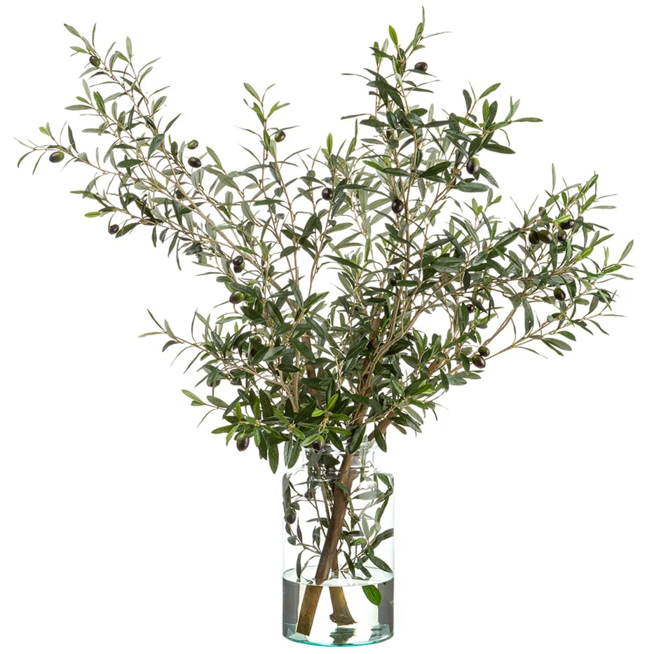 49"Hx37"W Olive Tree Branch Silk Arrangement w/Glass Vase -2 Tone Green
