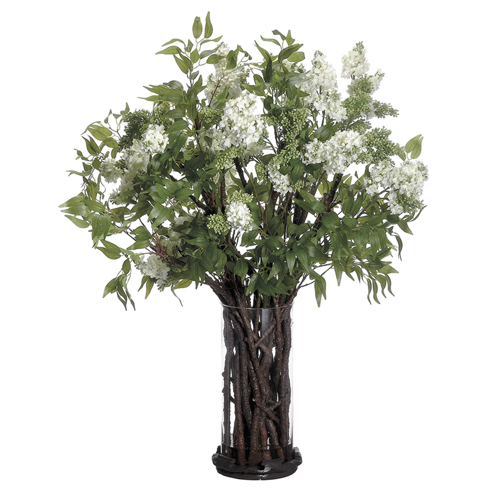 49"Hx47"W Lilac & Twig Silk Flower Arrangement -Green/Cream