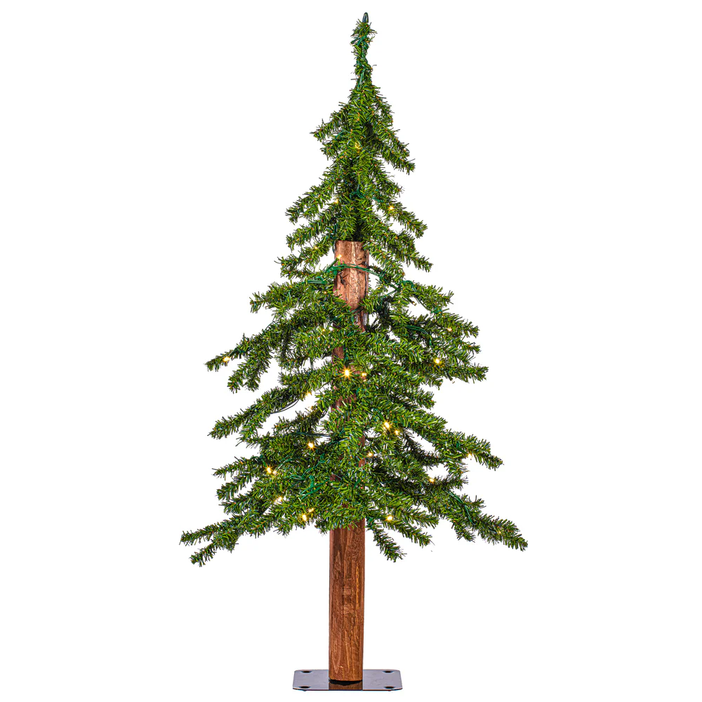 4'Hx25.5"W Natural Trunk Alpine Artificial Christmas Tree, Micro LED Pre-Lit (Multi-Mode) -Green