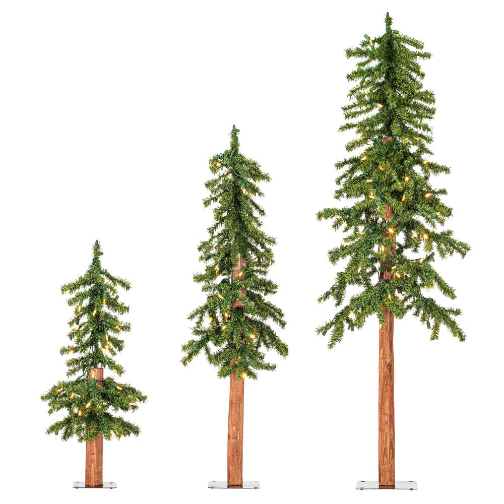4'Hx25"W Set Of Natural Trunk Alpine Artificial Christmas Trees, LED Pre-Lit -Green